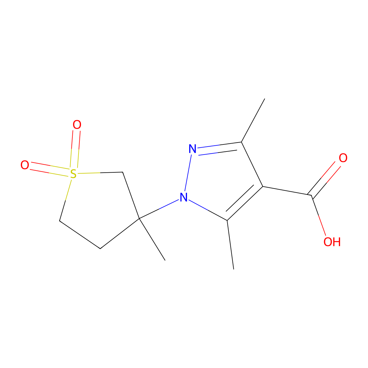 3,5-dimethyl-1-(3-methyl-1,1-dioxidotetrahydrothiophen-3-yl)-1H-pyrazole-4-carboxylic acid molecular structure, CAS 1170990-64-3