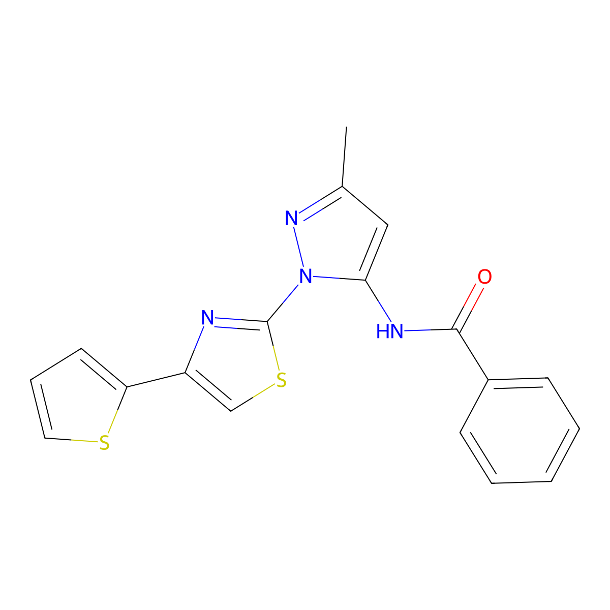 N-(3-methyl-1-(4-(thiophen-2-yl)thiazol-2-yl)-1H-pyrazol-5-yl)benzamide molecular structure, CAS 1170991-58-8