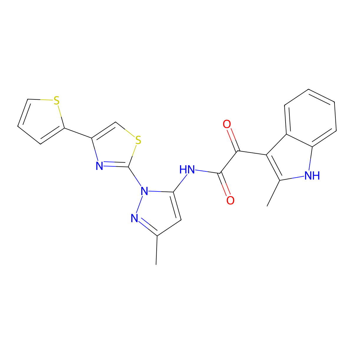 N-(3-methyl-1-(4-(thiophen-2-yl)thiazol-2-yl)-1H-pyrazol-5-yl)-2-(2-methyl-1H-indol-3-yl)-2-oxoacetamide molecular structure, CAS 1170995-26-2