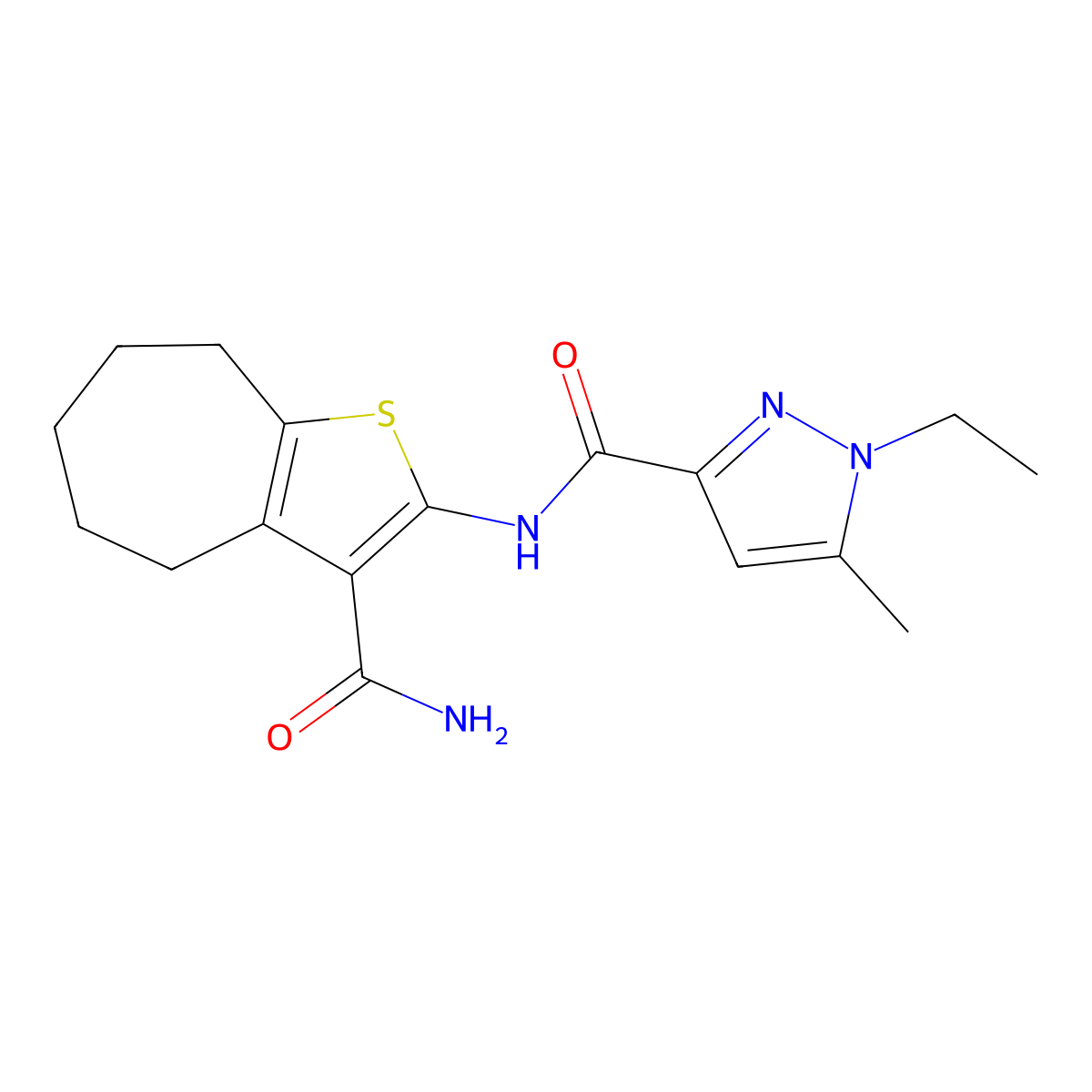 N-{3-carbamoyl-4H,5H,6H,7H,8H-cyclohepta[b]thiophen-2-yl}-1-ethyl-5-methyl-1H-pyrazole-3-carboxamide molecular structure, CAS 1171000-60-4