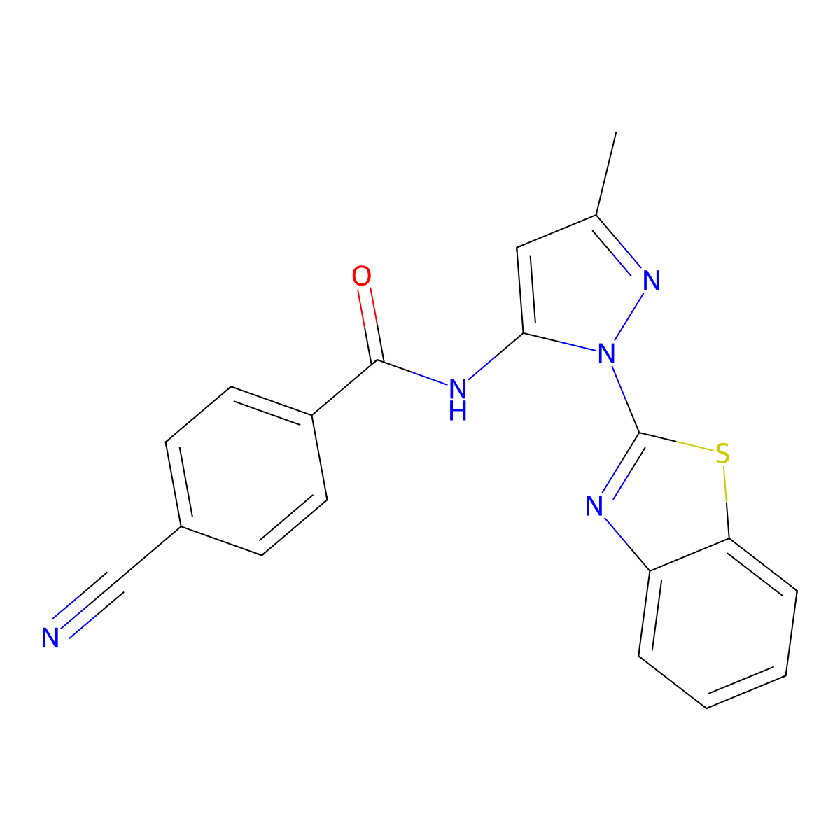 N-(1-(benzo[d]thiazol-2-yl)-3-methyl-1H-pyrazol-5-yl)-4-cyanobenzamide molecular structure, CAS 1171001-40-3