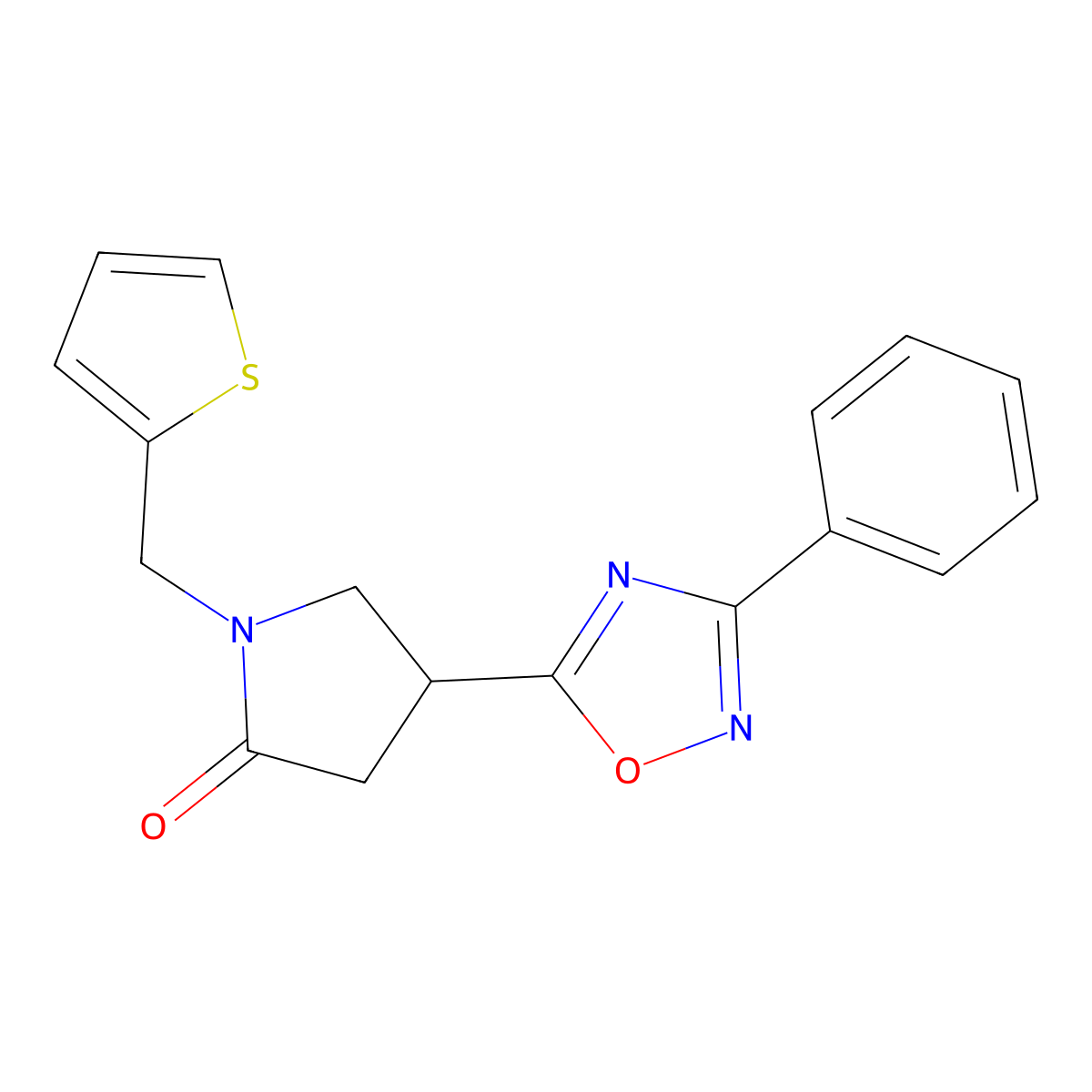 4-(3-Phenyl-1,2,4-oxadiazol-5-yl)-1-(2-thienylmethyl)pyrrolidin-2-one molecular structure, CAS 1171001-75-4