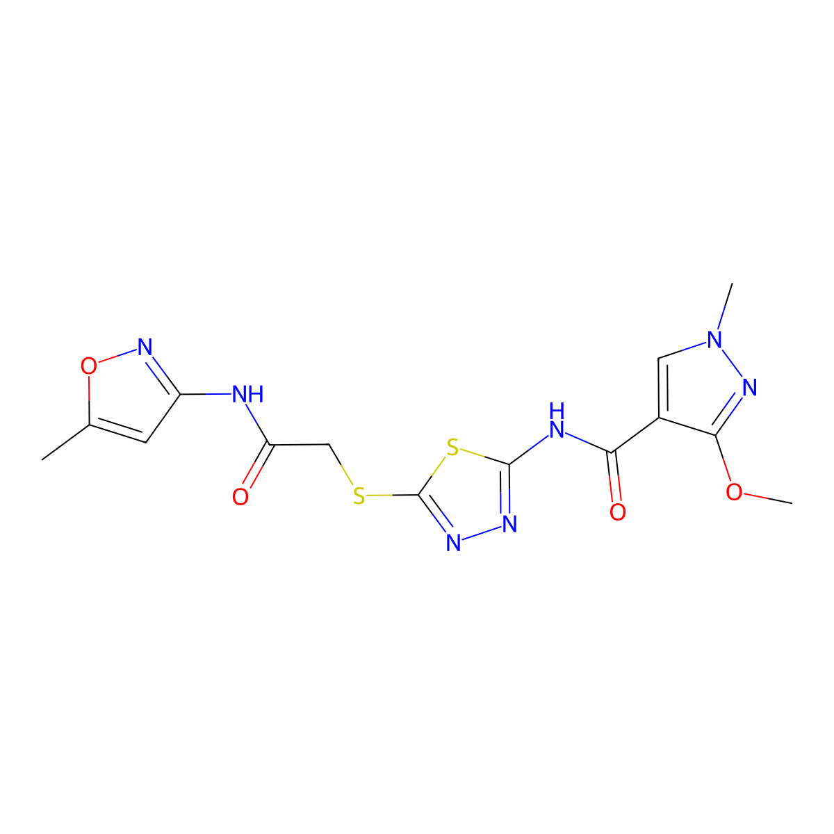 3-methoxy-1-methyl-N-(5-((2-((5-methylisoxazol-3-yl)amino)-2-oxoethyl)thio)-1,3,4-thiadiazol-2-yl)-1H-pyrazole-4-carboxamide molecular structure, CAS 1171004-16-2