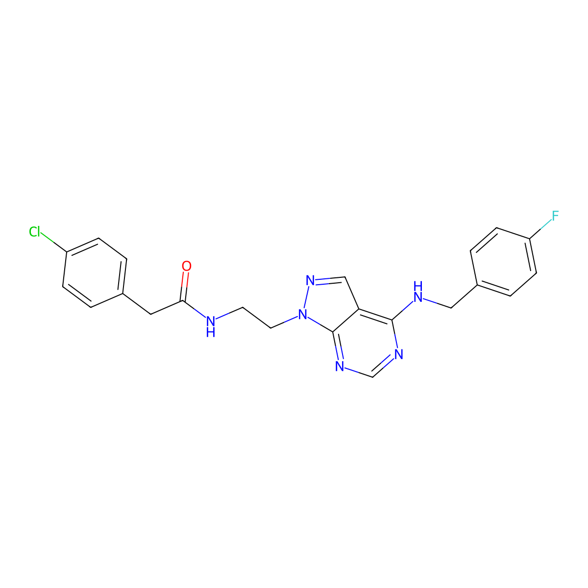 2-(4-chlorophenyl)-N-(2-(4-((4-fluorobenzyl)amino)-1H-pyrazolo[3,4-d]pyrimidin-1-yl)ethyl)acetamide molecular structure, CAS 1171006-32-8