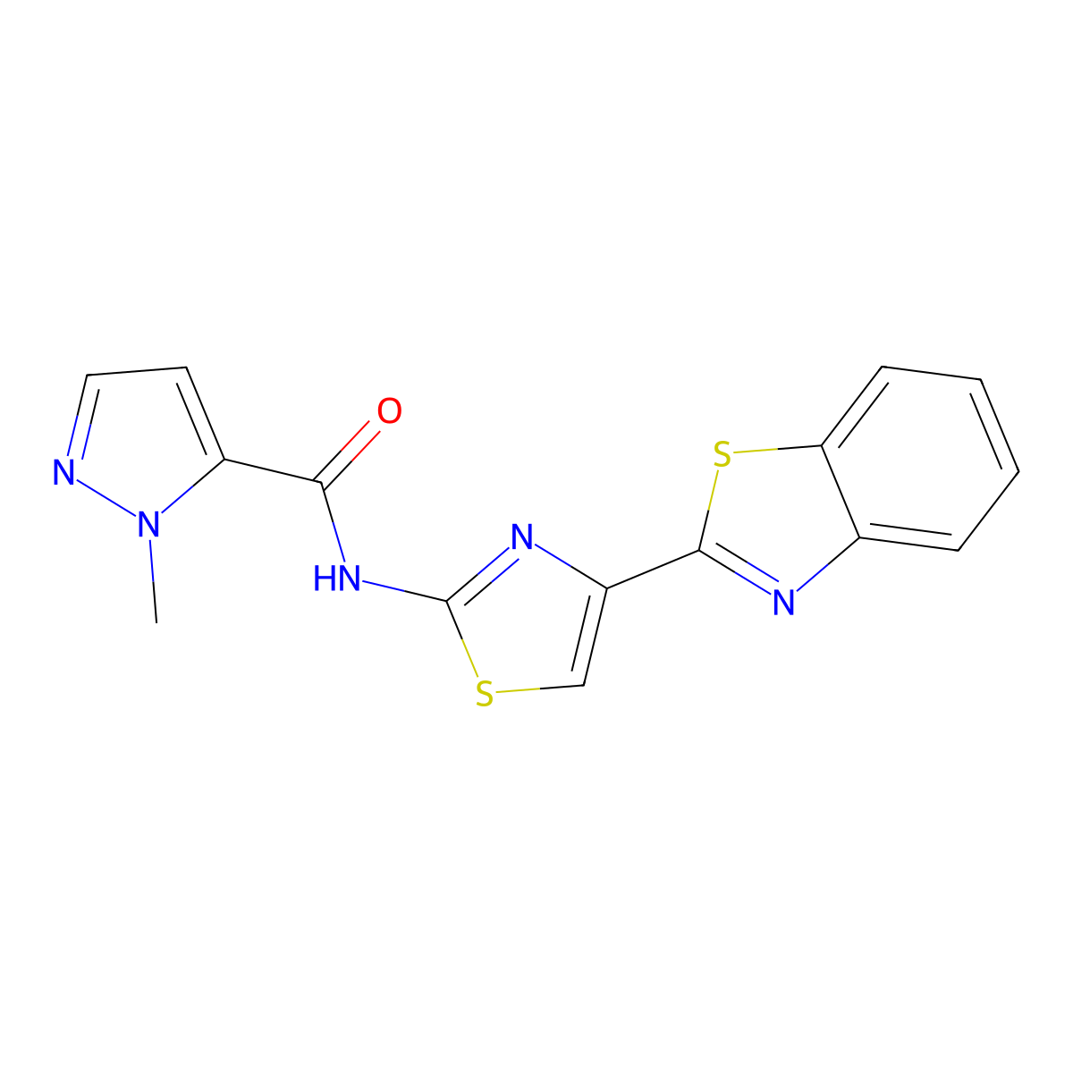 N-(4-(benzo[d]thiazol-2-yl)thiazol-2-yl)-1-methyl-1H-pyrazole-5-carboxamide molecular structure, CAS 1171006-80-6
