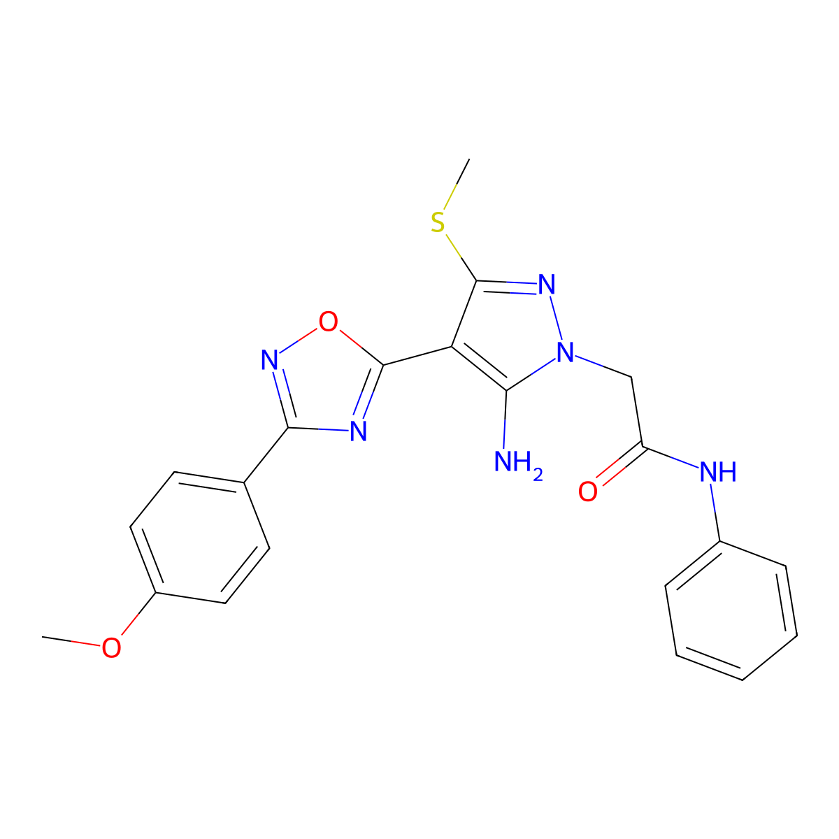 2-{5-amino-4-[3-(4-methoxyphenyl)-1,2,4-oxadiazol-5-yl]-3-(methylsulfanyl)-1H-pyrazol-1-yl}-N-phenylacetamide molecular structure, CAS 1171013-32-3