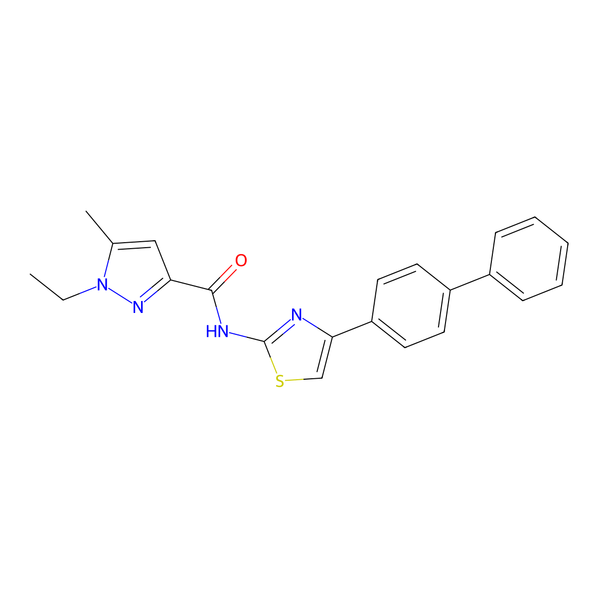 N-(4-([1,1'-biphenyl]-4-yl)thiazol-2-yl)-1-ethyl-5-methyl-1H-pyrazole-3-carboxamide molecular structure, CAS 1171014-62-2