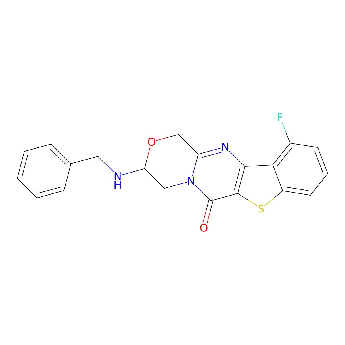 5-(Benzylamino)-12-fluoro-6-oxa-17-thia-3,9-diazatetracyclo[8.7.0.0^{3,8}.0^{11,16}]heptadeca-1(10),8,11,13,15-pentaen-2-one molecular structure, CAS 1171018-76-0