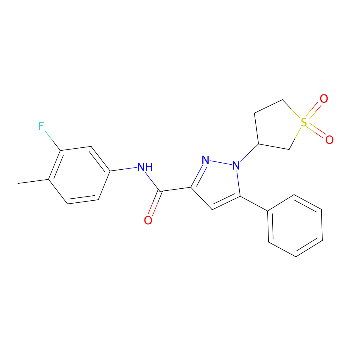 1-(1,1-dioxidotetrahydrothiophen-3-yl)-N-(3-fluoro-4-methylphenyl)-5-phenyl-1H-pyrazole-3-carboxamide molecular structure, CAS 1171020-19-1