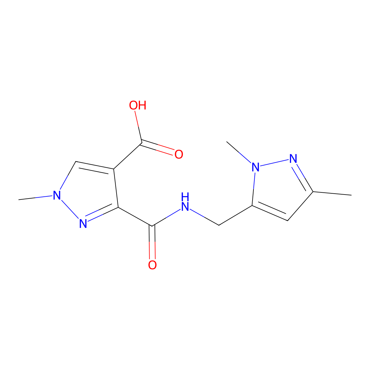 3-(((1,3-dimethyl-1H-pyrazol-5-yl)methyl)carbamoyl)-1-methyl-1H-pyrazole-4-carboxylic acid molecular structure, CAS 1171022-40-4