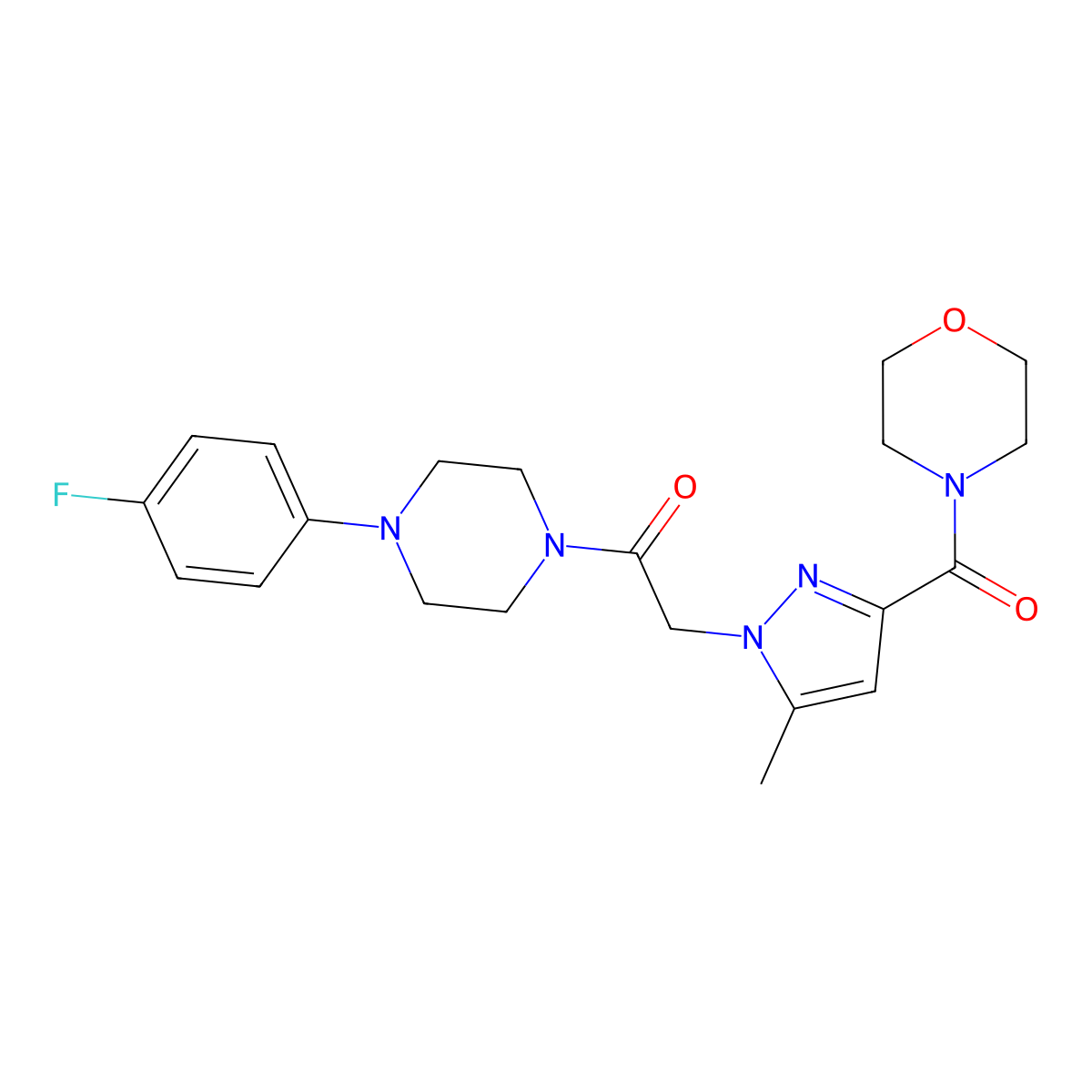 1-[4-(4-Fluorophenyl)piperazin-1-yl]-2-[5-methyl-3-(morpholine-4-carbonyl)pyrazol-1-yl]ethanone molecular structure, CAS 1171023-51-0