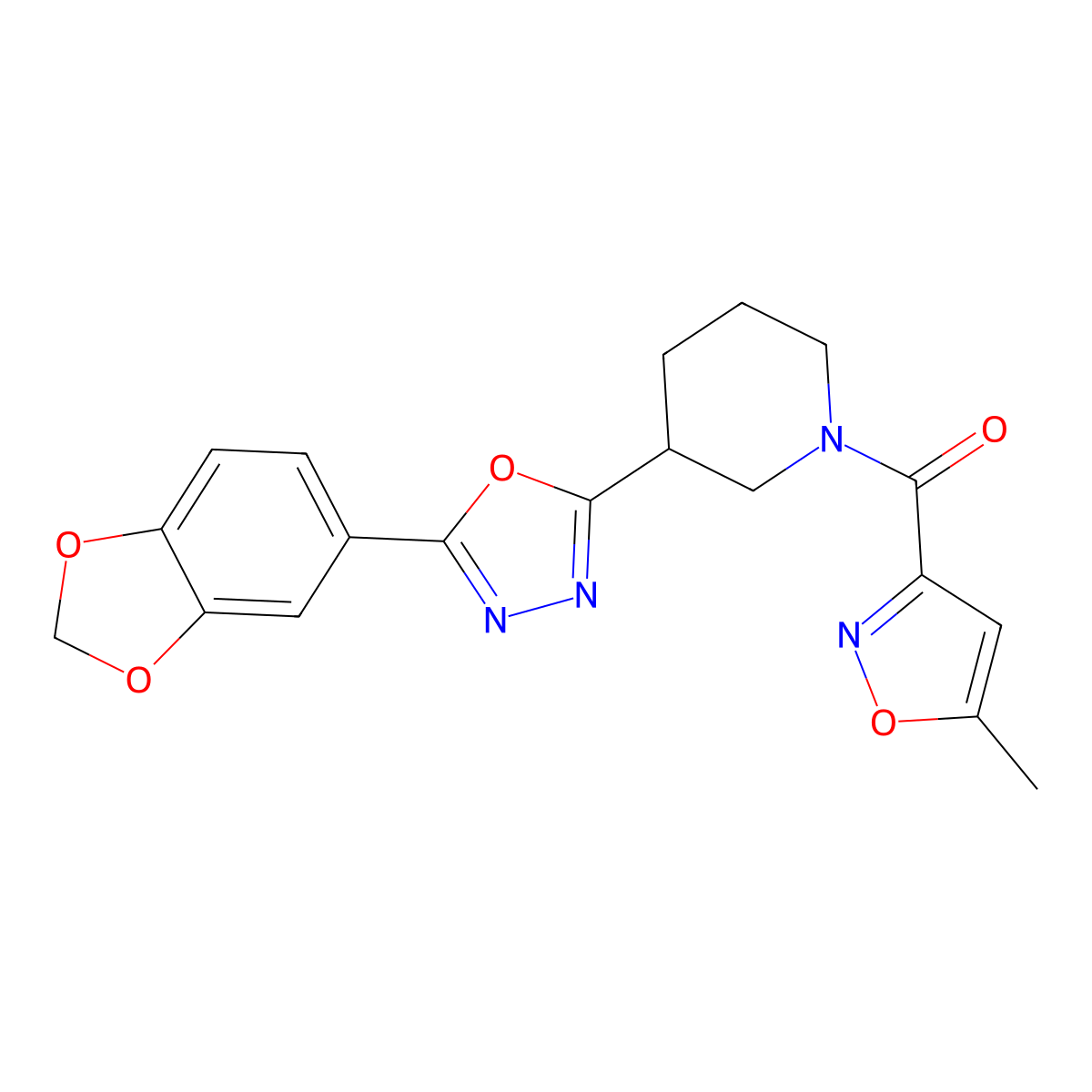 (3-(5-(Benzo[d][1,3]dioxol-5-yl)-1,3,4-oxadiazol-2-yl)piperidin-1-yl)(5-methylisoxazol-3-yl)methanone molecular structure, CAS 1171024-36-4