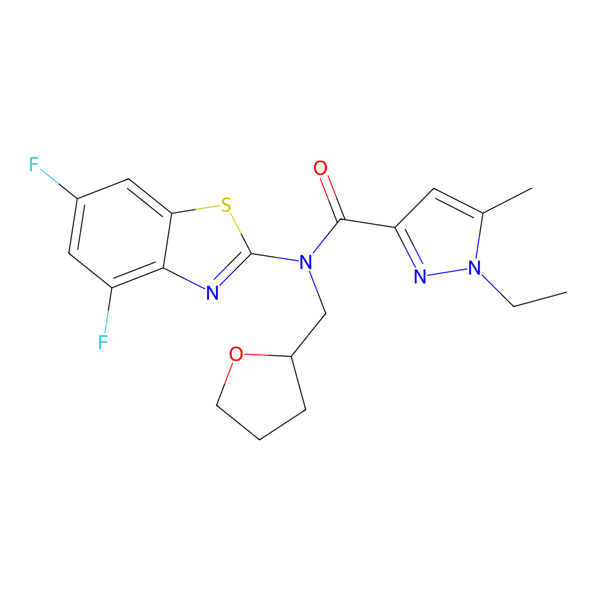 N-(4,6-difluorobenzo[d]thiazol-2-yl)-1-ethyl-5-methyl-N-((tetrahydrofuran-2-yl)methyl)-1H-pyrazole-3-carboxamide molecular structure, CAS 1171025-61-8