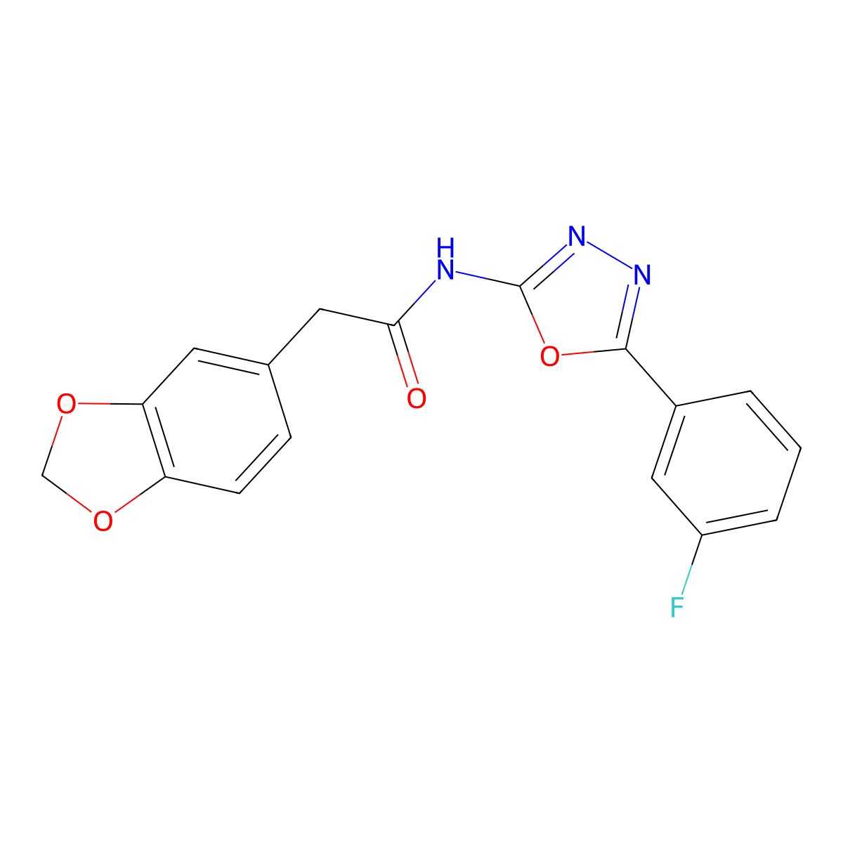 2-(benzo[d][1,3]dioxol-5-yl)-N-(5-(3-fluorophenyl)-1,3,4-oxadiazol-2-yl)acetamide molecular structure, CAS 1171025-85-6