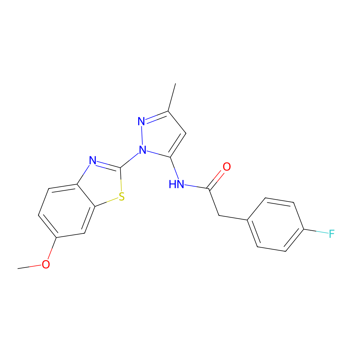 2-(4-fluorophenyl)-N-[1-(6-methoxy-1,3-benzothiazol-2-yl)-3-methyl-1H-pyrazol-5-yl]acetamide molecular structure, CAS 1171026-99-5