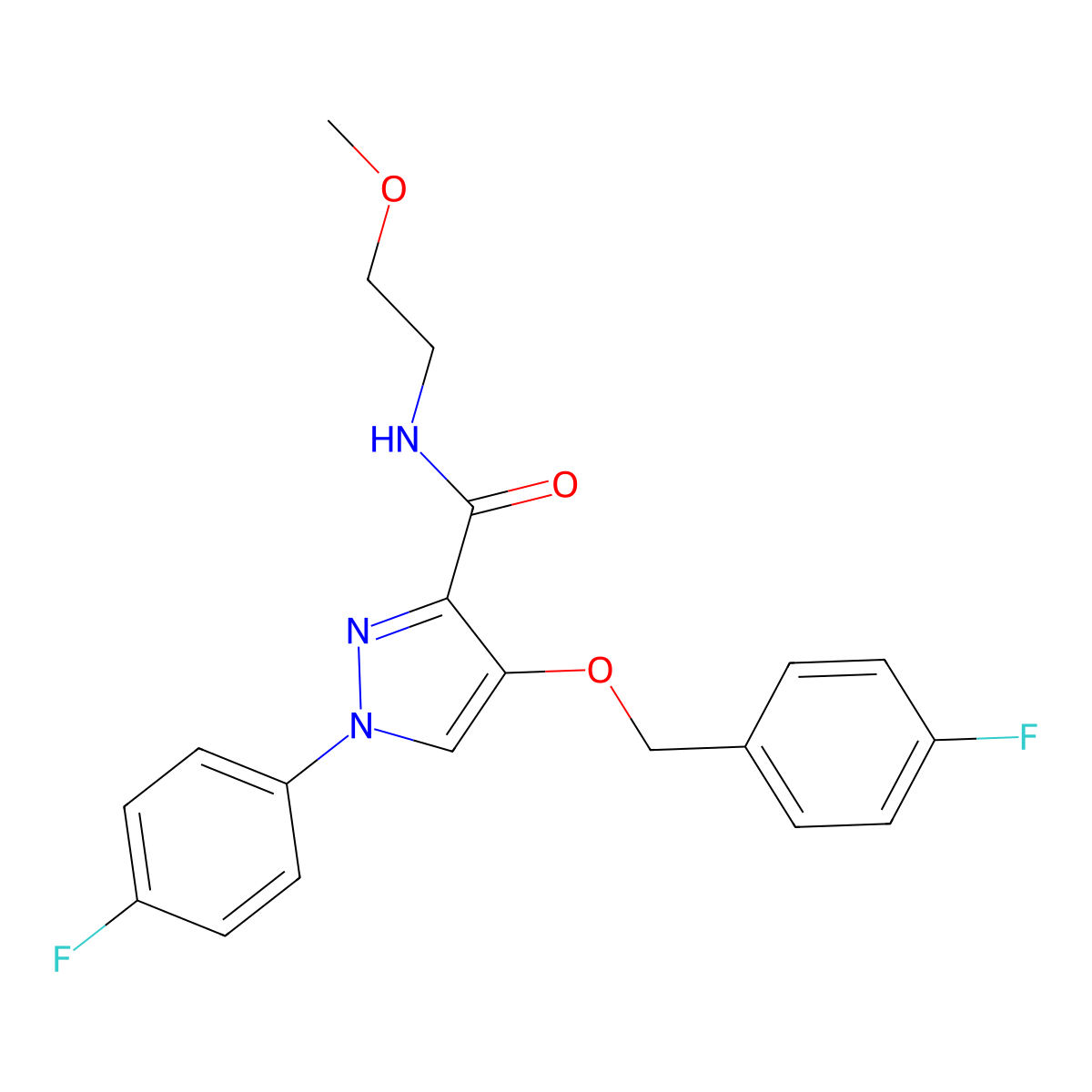4-((4-fluorobenzyl)oxy)-1-(4-fluorophenyl)-N-(2-methoxyethyl)-1H-pyrazole-3-carboxamide molecular structure, CAS 1171027-57-8