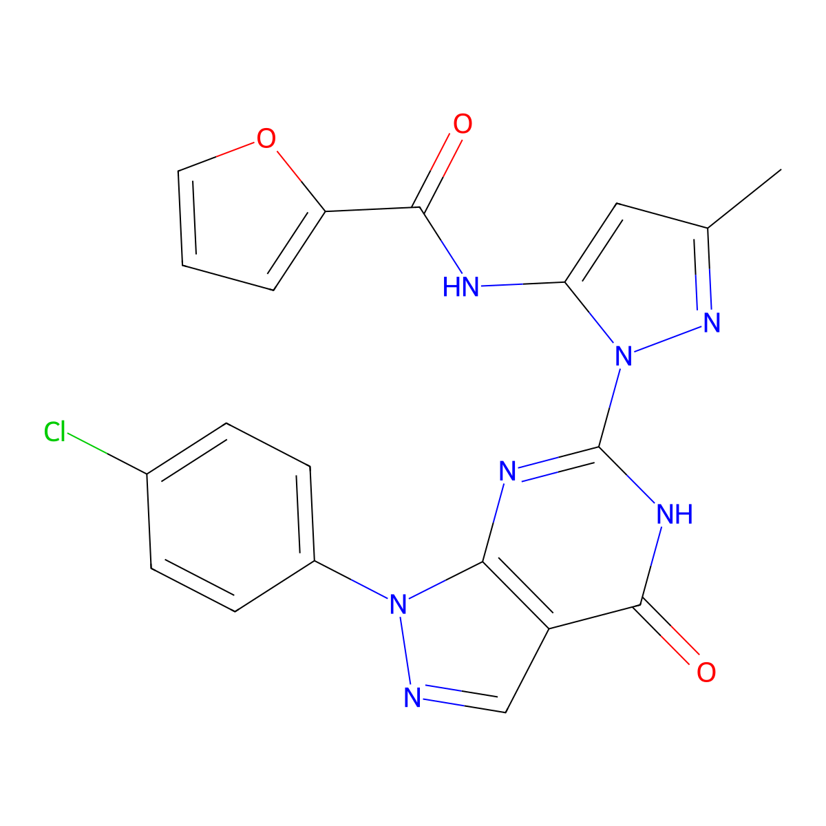N-(1-(1-(4-chlorophenyl)-4-oxo-4,5-dihydro-1H-pyrazolo[3,4-d]pyrimidin-6-yl)-3-methyl-1H-pyrazol-5-yl)furan-2-carboxamide molecular structure, CAS 1171029-92-7