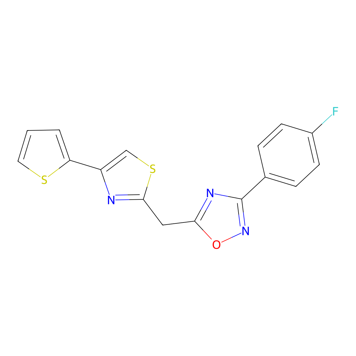 3-(4-Fluorophenyl)-5-((4-(thiophen-2-yl)thiazol-2-yl)methyl)-1,2,4-oxadiazole molecular structure, CAS 1171031-80-3