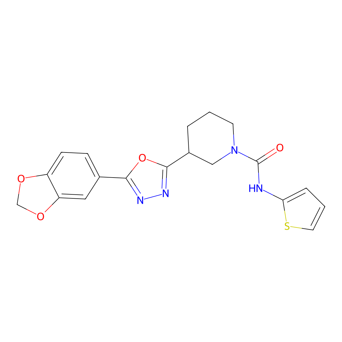 3-(5-(benzo[d][1,3]dioxol-5-yl)-1,3,4-oxadiazol-2-yl)-N-(thiophen-2-yl)piperidine-1-carboxamide molecular structure, CAS 1171034-19-7