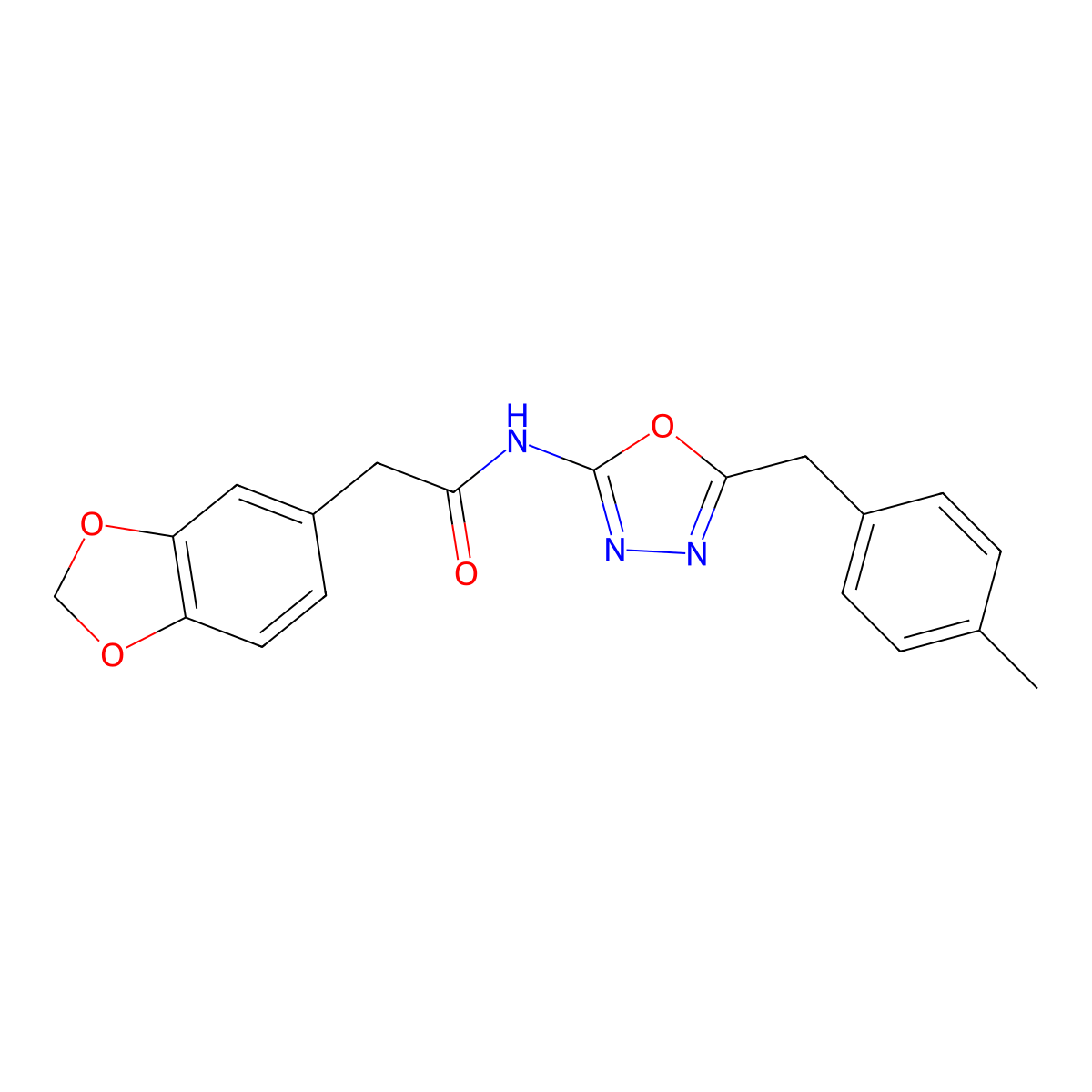2-(benzo[d][1,3]dioxol-5-yl)-N-(5-(4-methylbenzyl)-1,3,4-oxadiazol-2-yl)acetamide molecular structure, CAS 1171036-21-7