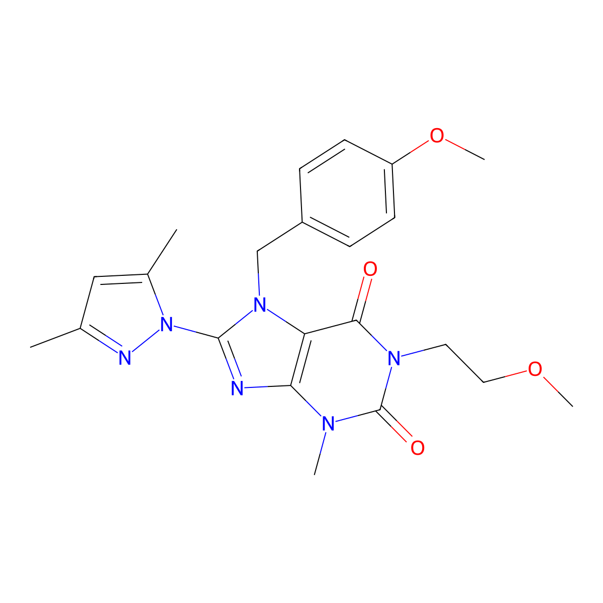 8-(3,5-dimethyl-1H-pyrazol-1-yl)-7-(4-methoxybenzyl)-1-(2-methoxyethyl)-3-methyl-1H-purine-2,6(3H,7H)-dione molecular structure, CAS 1171036-62-6