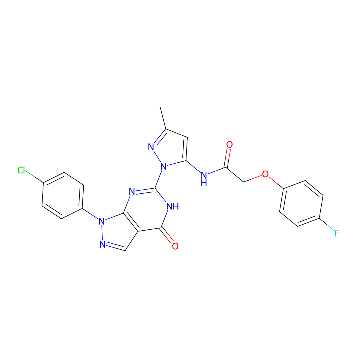 N-(1-(1-(4-chlorophenyl)-4-oxo-4,5-dihydro-1H-pyrazolo[3,4-d]pyrimidin-6-yl)-3-methyl-1H-pyrazol-5-yl)-2-(4-fluorophenoxy)acetamide molecular structure, CAS 1171037-30-1