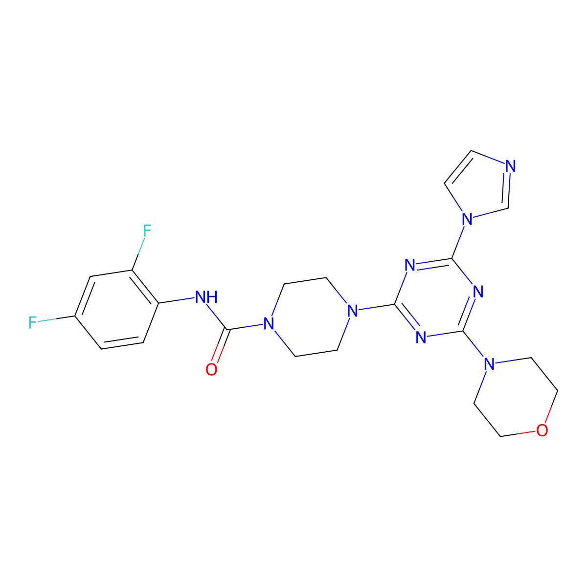 4-(4-(1H-imidazol-1-yl)-6-morpholino-1,3,5-triazin-2-yl)-N-(2,4-difluorophenyl)piperazine-1-carboxamide molecular structure, CAS 1171038-16-6