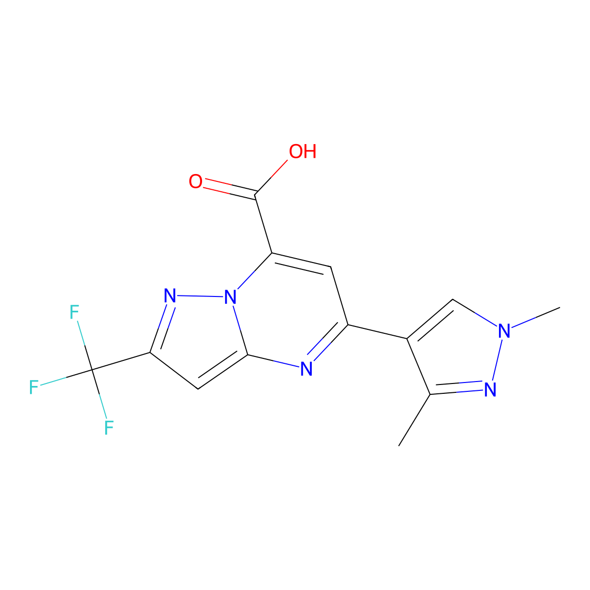 5-(1,3-dimethyl-1H-pyrazol-4-yl)-2-(trifluoromethyl)pyrazolo[1,5-a]pyrimidine-7-carboxylic acid molecular structure, CAS 1171045-38-7