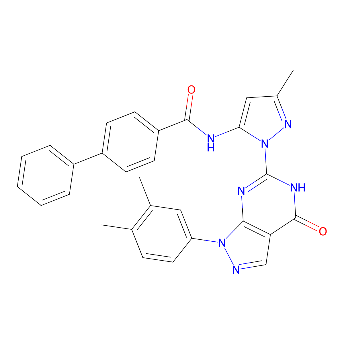 N-(1-(1-(3,4-dimethylphenyl)-4-oxo-4,5-dihydro-1H-pyrazolo[3,4-d]pyrimidin-6-yl)-3-methyl-1H-pyrazol-5-yl)-[1,1'-biphenyl]-4-carboxamide molecular structure, CAS 1171046-02-8