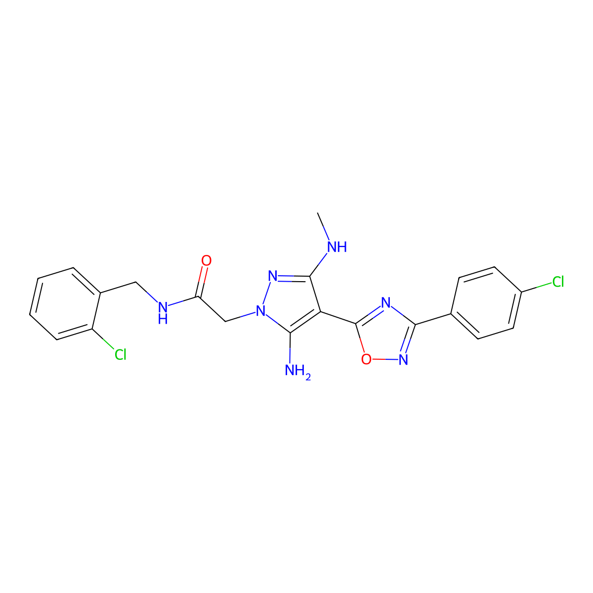 2-(5-amino-4-(3-(4-chlorophenyl)-1,2,4-oxadiazol-5-yl)-3-(methylamino)-1H-pyrazol-1-yl)-N-(2-chlorobenzyl)acetamide molecular structure, CAS 1171046-16-4