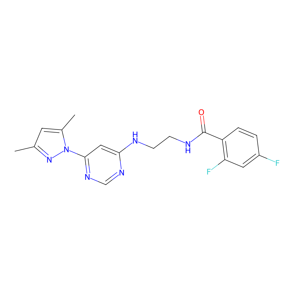 N-(2-((6-(3,5-dimethyl-1H-pyrazol-1-yl)pyrimidin-4-yl)amino)ethyl)-2,4-difluorobenzamide molecular structure, CAS 1171046-99-3