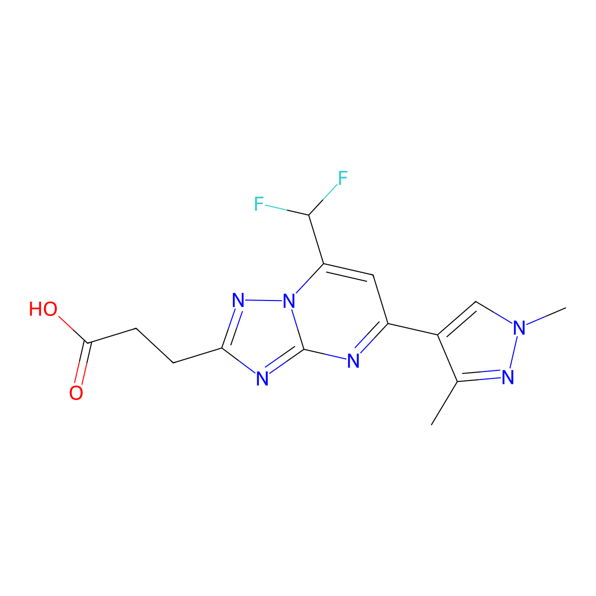 3-(7-(Difluoromethyl)-5-(1,3-dimethyl-1H-pyrazol-4-yl)-[1,2,4]triazolo[1,5-a]pyrimidin-2-yl)propanoic acid molecular structure, CAS 1171048-28-4