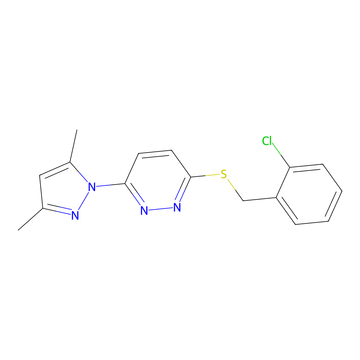 3-((2-chlorobenzyl)thio)-6-(3,5-dimethyl-1H-pyrazol-1-yl)pyridazine molecular structure, CAS 1171054-23-1