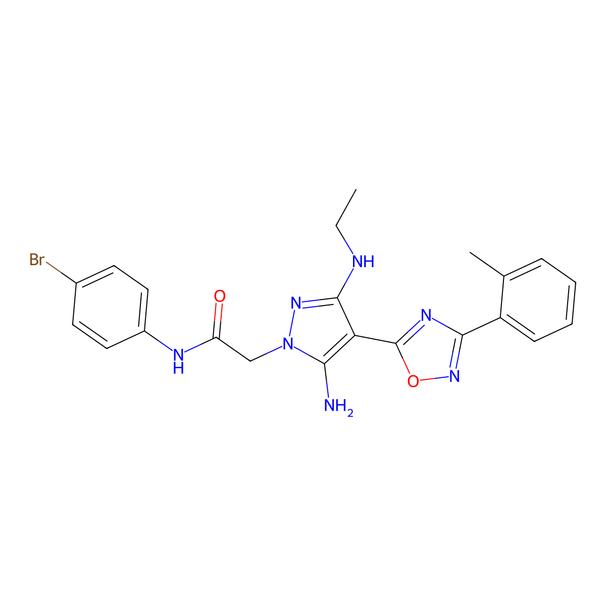 2-(5-amino-3-(ethylamino)-4-(3-(o-tolyl)-1,2,4-oxadiazol-5-yl)-1H-pyrazol-1-yl)-N-(4-bromophenyl)acetamide molecular structure, CAS 1171054-95-7