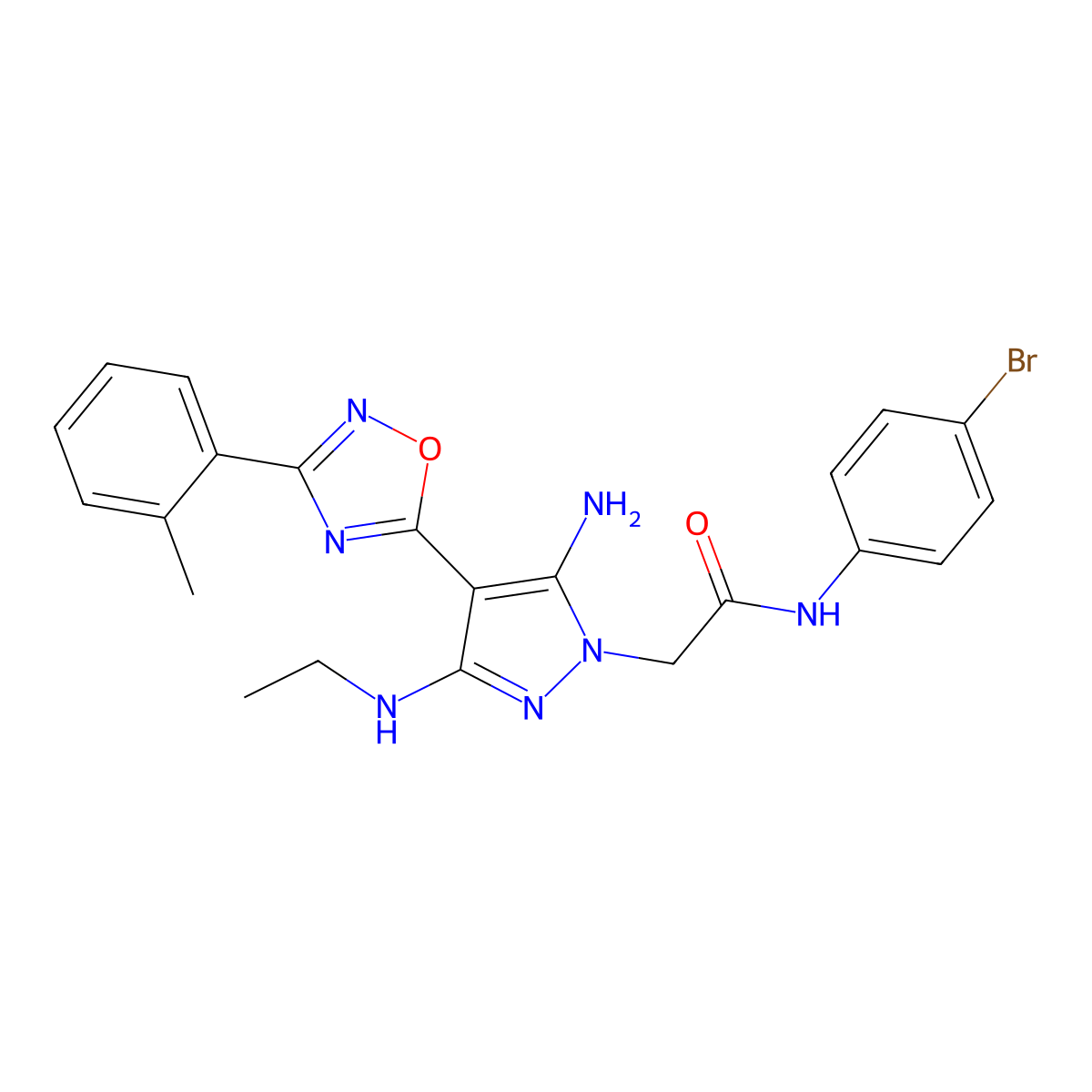 2-(5-amino-3-(ethylamino)-4-(3-(o-tolyl)-1,2,4-oxadiazol-5-yl)-1H-pyrazol-1-yl)-N-(4-bromophenyl)acetamide molecular structure, CAS 1171054-95-7