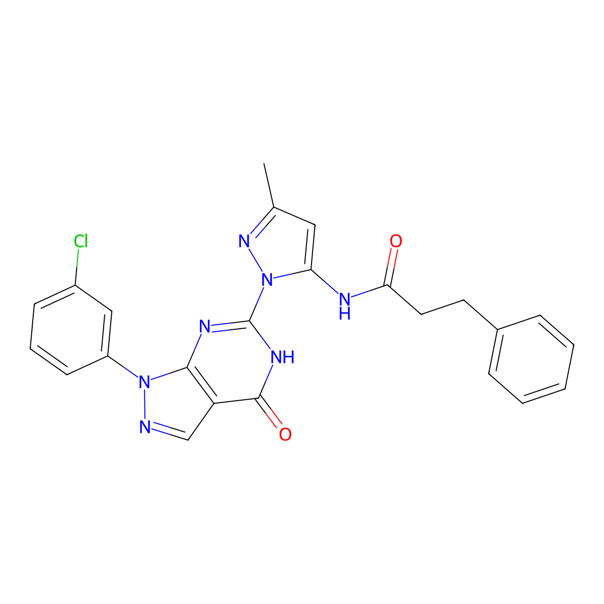 N-(1-(1-(3-chlorophenyl)-4-oxo-4,5-dihydro-1H-pyrazolo[3,4-d]pyrimidin-6-yl)-3-methyl-1H-pyrazol-5-yl)-3-phenylpropanamide molecular structure, CAS 1171058-24-4