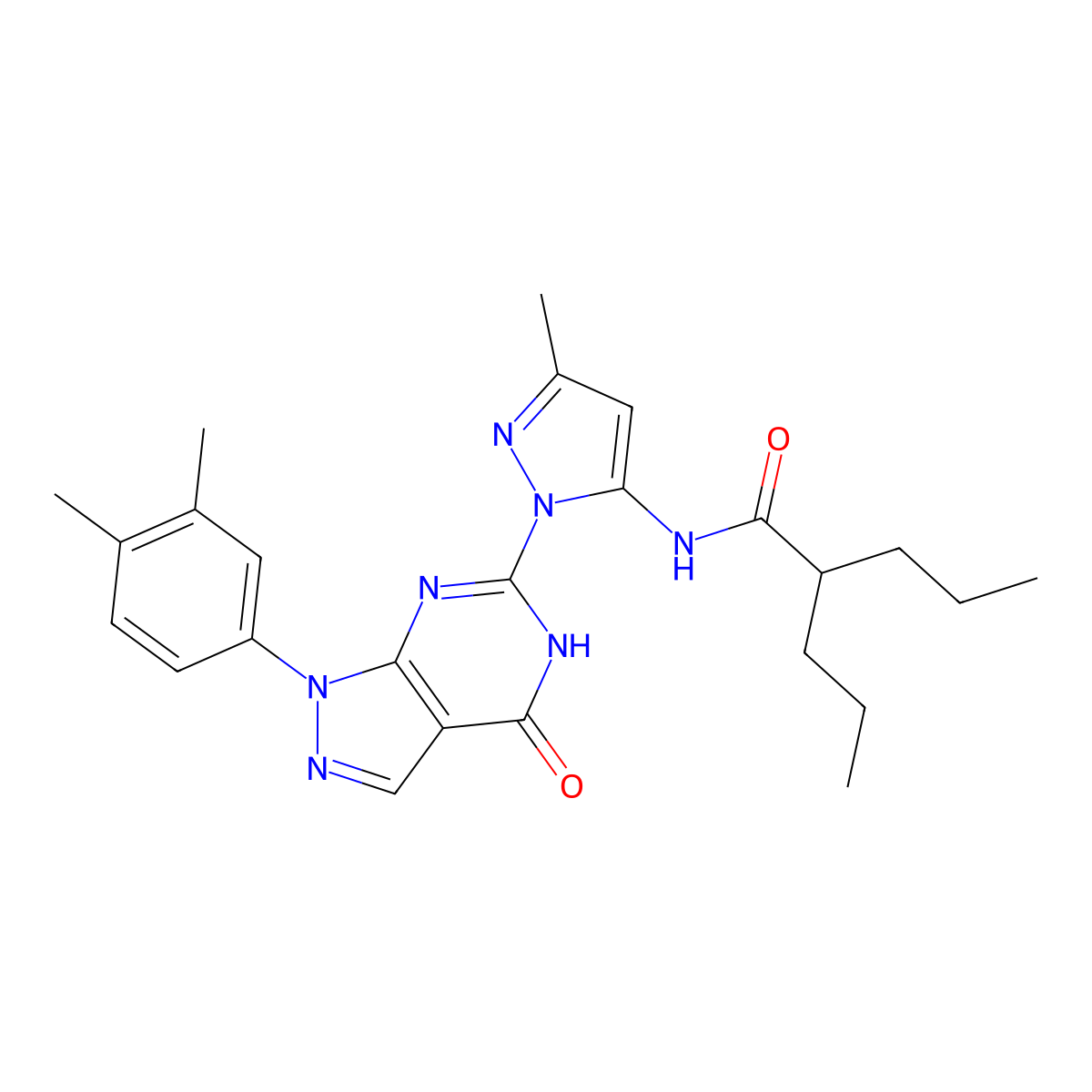 N-(1-(1-(3,4-dimethylphenyl)-4-oxo-4,5-dihydro-1H-pyrazolo[3,4-d]pyrimidin-6-yl)-3-methyl-1H-pyrazol-5-yl)-2-propylpentanamide molecular structure, CAS 1171058-29-9