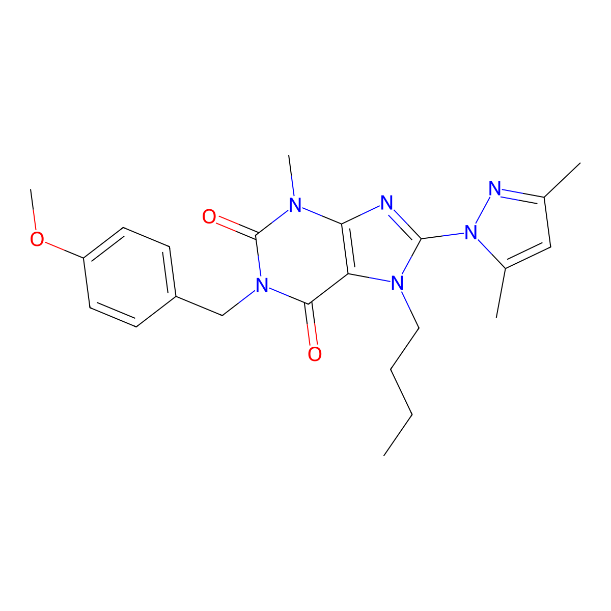 7-butyl-8-(3,5-dimethyl-1H-pyrazol-1-yl)-1-(4-methoxybenzyl)-3-methyl-1H-purine-2,6(3H,7H)-dione molecular structure, CAS 1171058-47-1