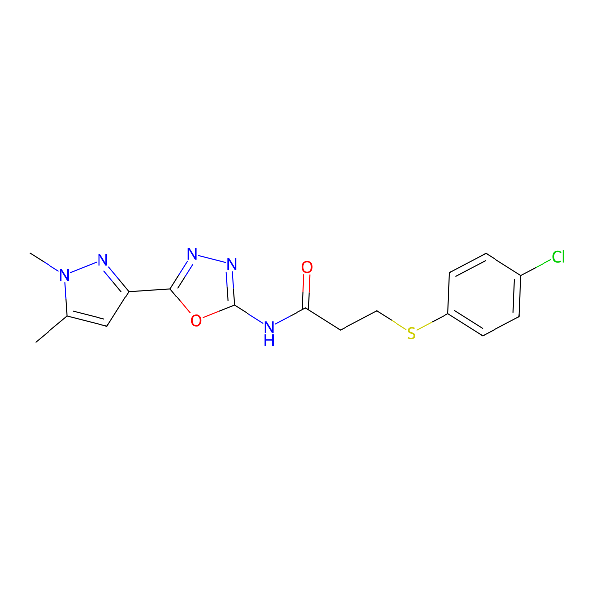 3-((4-chlorophenyl)thio)-N-(5-(1,5-dimethyl-1H-pyrazol-3-yl)-1,3,4-oxadiazol-2-yl)propanamide molecular structure, CAS 1171061-28-1