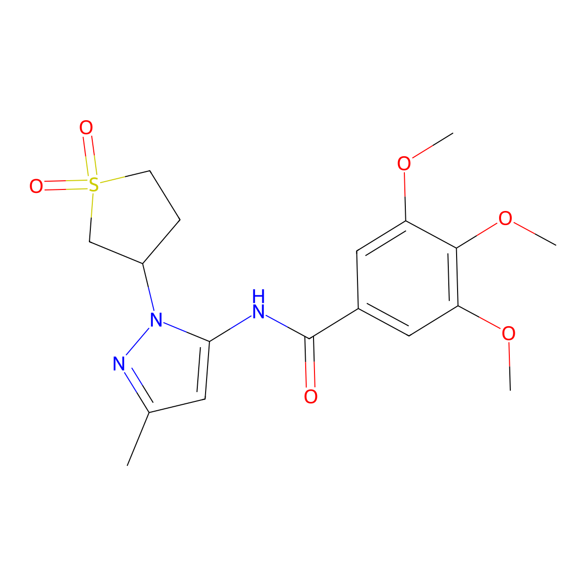 N-(1-(1,1-dioxidotetrahydrothiophen-3-yl)-3-methyl-1H-pyrazol-5-yl)-3,4,5-trimethoxybenzamide molecular structure, CAS 1171064-00-8