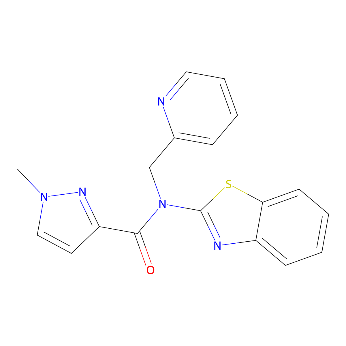 N-(benzo[d]thiazol-2-yl)-1-methyl-N-(pyridin-2-ylmethyl)-1H-pyrazole-3-carboxamide molecular structure, CAS 1171064-05-3
