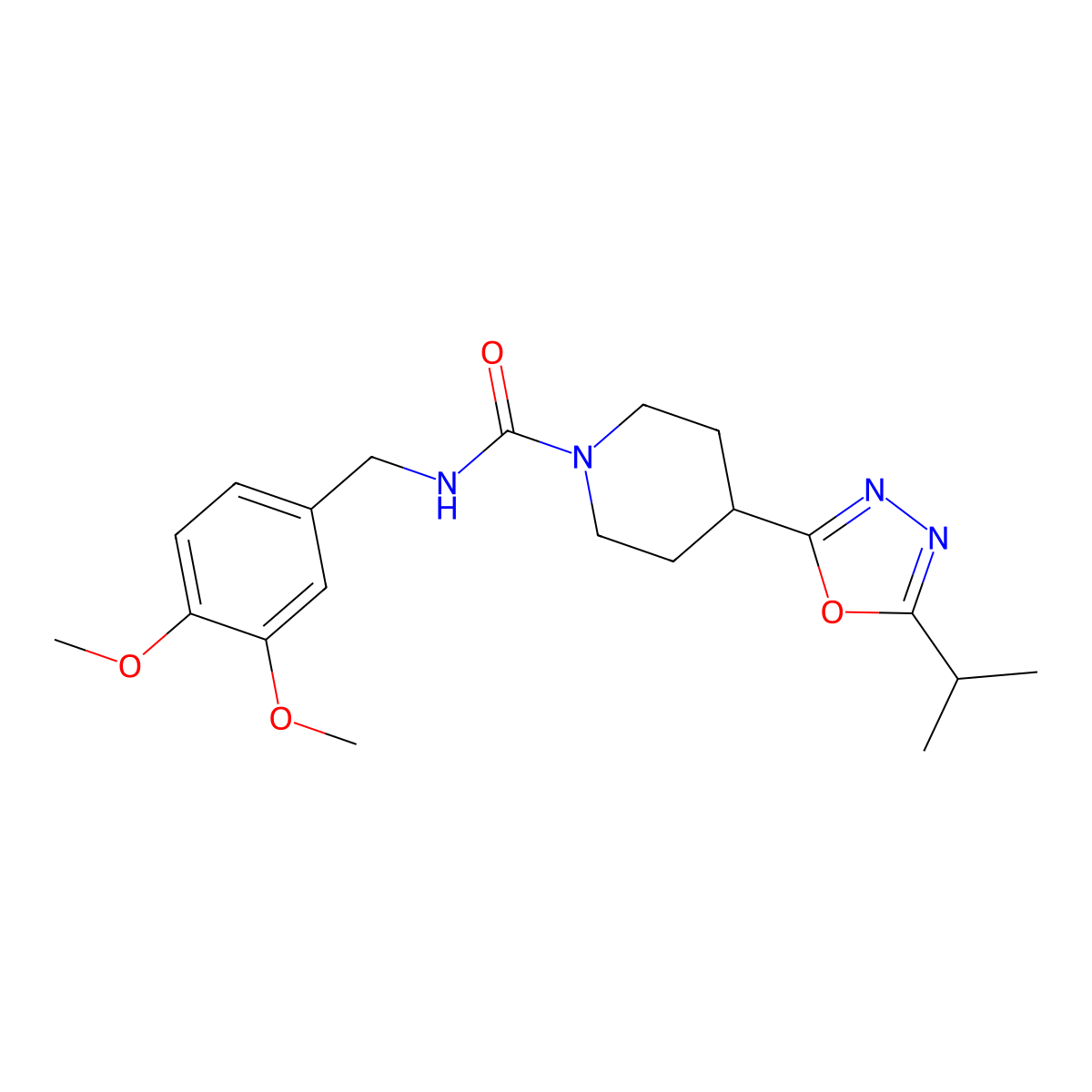 N-(3,4-dimethoxybenzyl)-4-(5-isopropyl-1,3,4-oxadiazol-2-yl)piperidine-1-carboxamide molecular structure, CAS 1171066-99-1