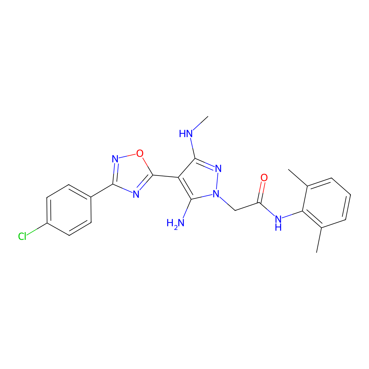 2-{5-amino-4-[3-(4-chlorophenyl)-1,2,4-oxadiazol-5-yl]-3-(methylamino)-1H-pyrazol-1-yl}-N-(2,6-dimethylphenyl)acetamide molecular structure, CAS 1171067-21-2