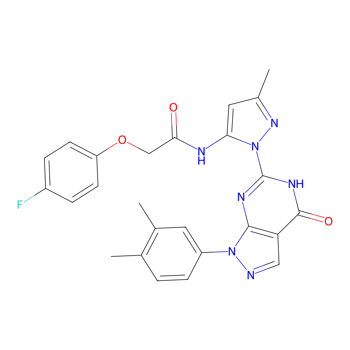 N-(1-(1-(3,4-dimethylphenyl)-4-oxo-4,5-dihydro-1H-pyrazolo[3,4-d]pyrimidin-6-yl)-3-methyl-1H-pyrazol-5-yl)-2-(4-fluorophenoxy)acetamide molecular structure, CAS 1171068-89-5