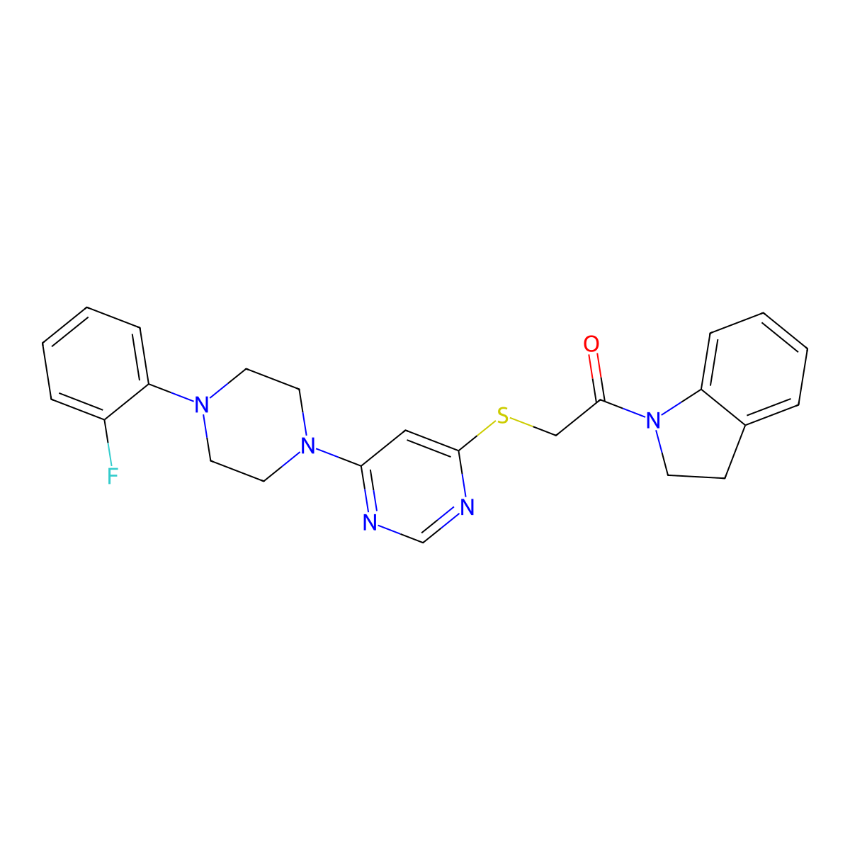 2-((6-(4-(2-Fluorophenyl)piperazin-1-yl)pyrimidin-4-yl)thio)-1-(indolin-1-yl)ethanone molecular structure, CAS 1171070-49-7