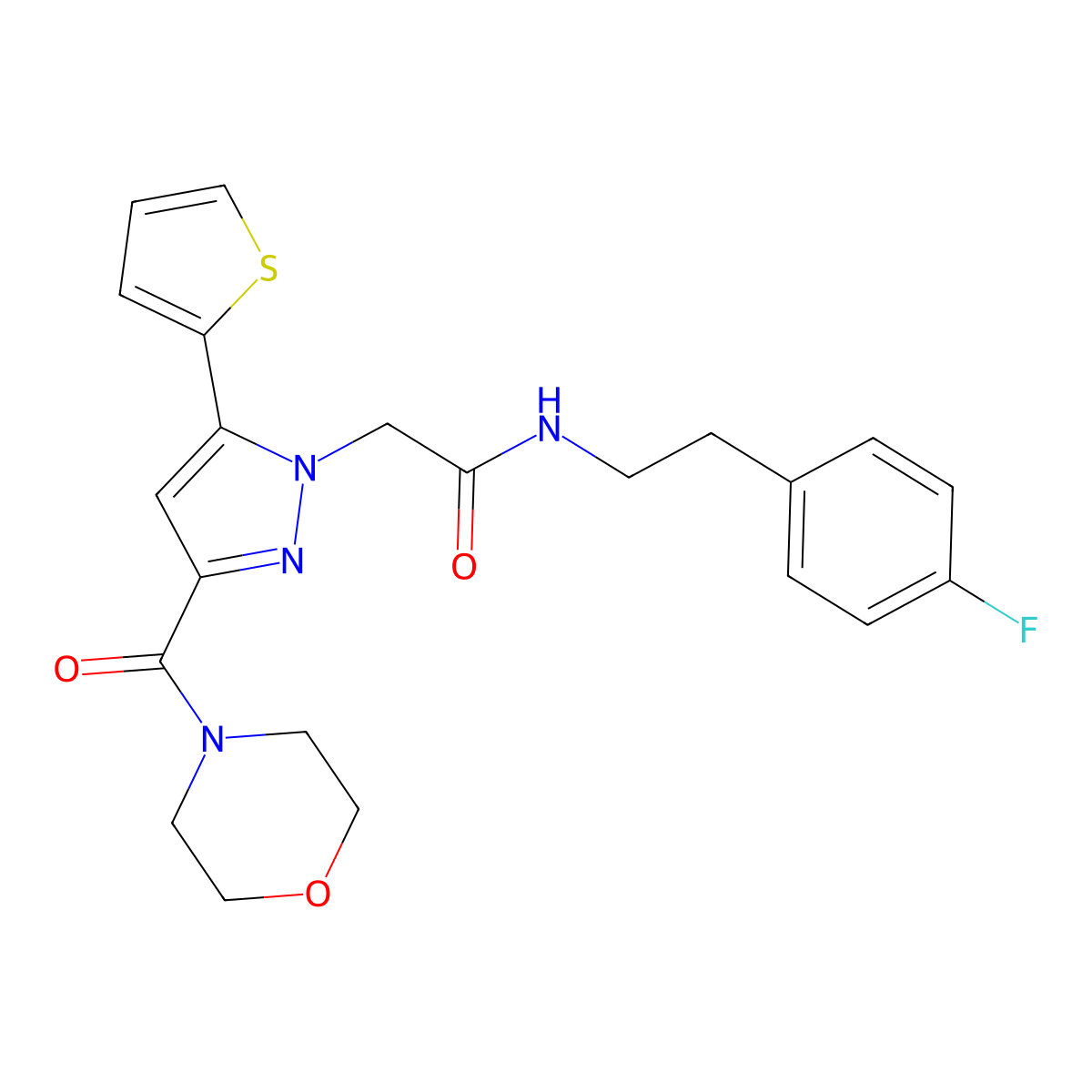 N-(4-fluorophenethyl)-2-(3-(morpholine-4-carbonyl)-5-(thiophen-2-yl)-1H-pyrazol-1-yl)acetamide molecular structure, CAS 1171073-65-6