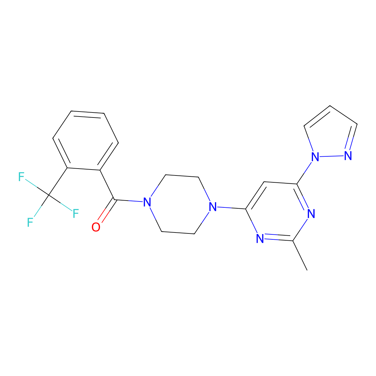 (4-(2-methyl-6-(1H-pyrazol-1-yl)pyrimidin-4-yl)piperazin-1-yl)(2-(trifluoromethyl)phenyl)methanone molecular structure, CAS 1171073-81-6