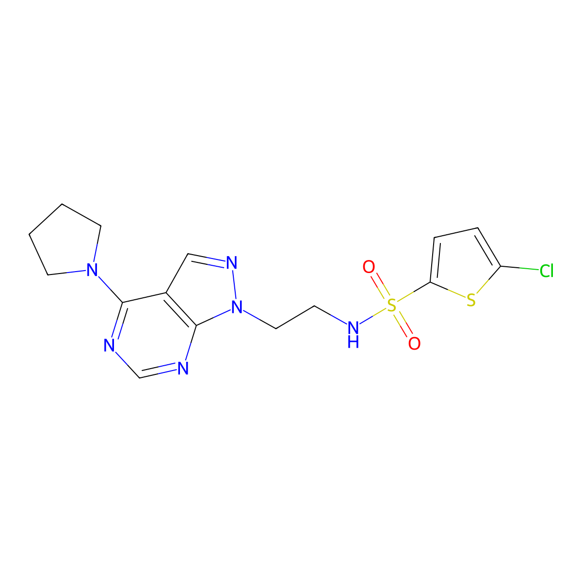 5-chloro-N-(2-(4-(pyrrolidin-1-yl)-1H-pyrazolo[3,4-d]pyrimidin-1-yl)ethyl)thiophene-2-sulfonamide molecular structure, CAS 1171075-28-7
