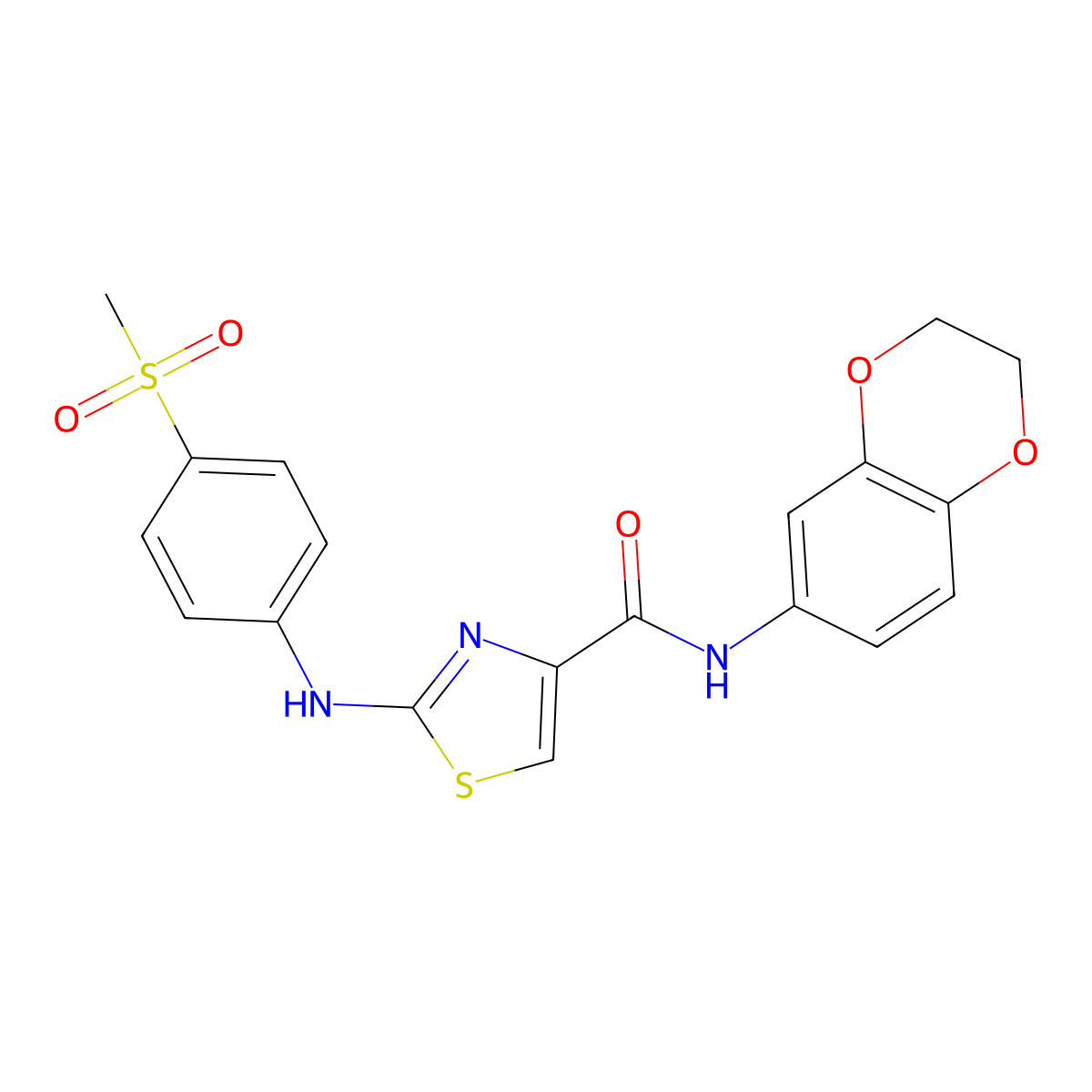 N-(2,3-dihydrobenzo[b][1,4]dioxin-6-yl)-2-((4-(methylsulfonyl)phenyl)amino)thiazole-4-carboxamide molecular structure, CAS 1171075-85-6