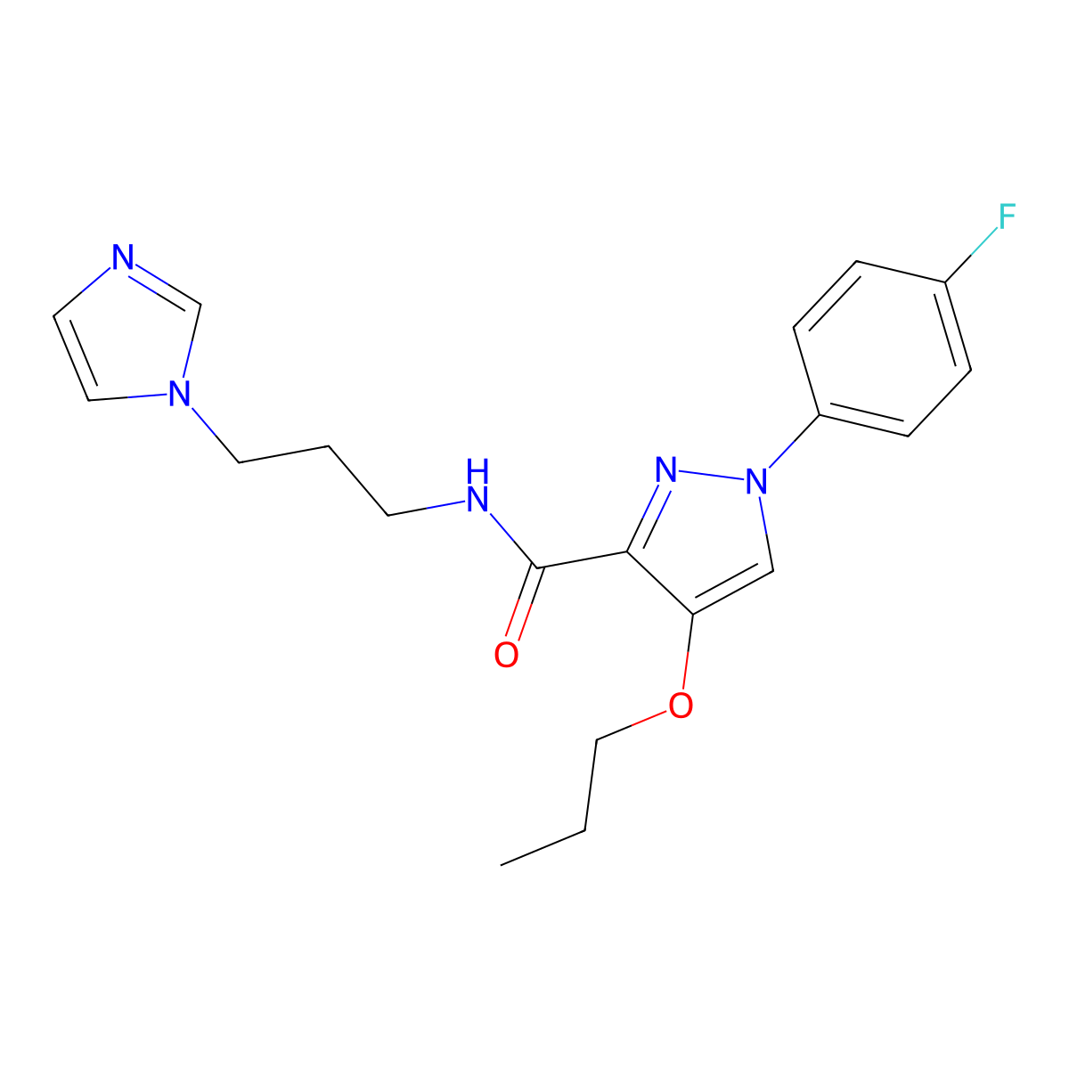 N-(3-(1H-imidazol-1-yl)propyl)-1-(4-fluorophenyl)-4-propoxy-1H-pyrazole-3-carboxamide molecular structure, CAS 1171077-44-3
